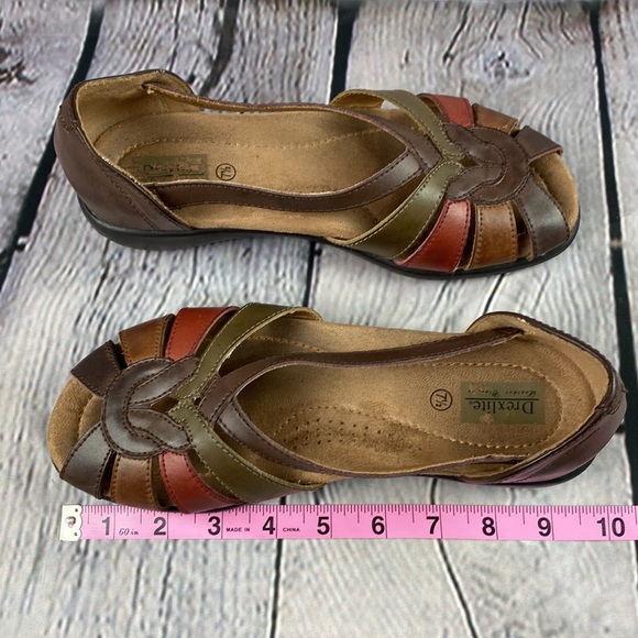 DREXLITE LEATHER CLASSIC Brown Red Green Leather Sandal Flats - Picture 7 of 17